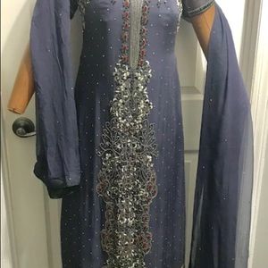 Gray georgette with silver and red work